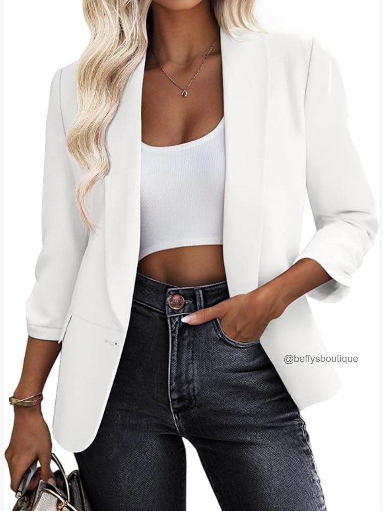 3/4 Sleeve Blazer Open Front Work Office Suit Jacket With Pockets